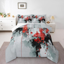 Red Black Grey Comforter Set Queen Size Abstract Geometric Bedding Set for Boys
