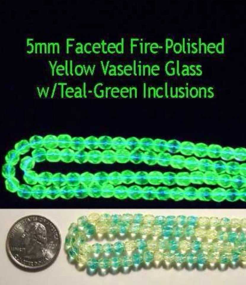 25 Pc 5mm Facet Fire-Polished Beads Czech Yellow & Green VASELINE/URANIUM GLASS
