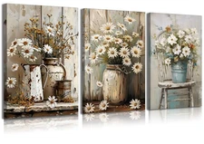 3Pcs Rustic Farmhouse Floral Canvas Wall Art Elegant White Daisy Poster Print...