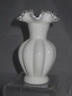 Vtg Fenton Ribbed Melon Bud Vase with Clear Crest Edge- 6" Tall Milk Glass