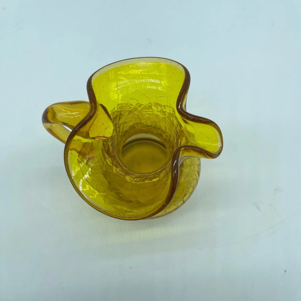 Jarrón jarra de vidrio craquelado ámbar amarillo borde con volantes decoración pequeña Foto 2 de 4