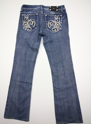 Miss Me Jeans Womens 31 Low Rise Boot Bootcut Fleur Lis Stitch