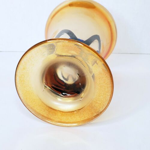 Handblown Studio Art Glass Vase Iridescent Amber Blue Swirled 6.5" Vase - Picture 3 of 9
