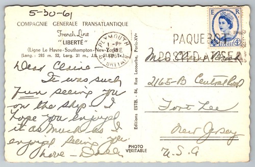 Postal Liberte Línea Francesa Vapor General Compañía Transatlántica Envío RPPC - Imagen 2 de 2