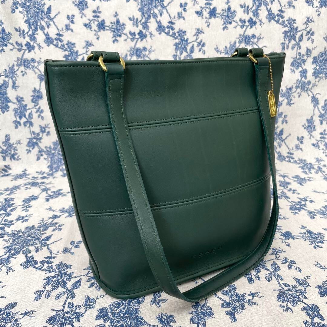 Vintage COACH Tote Bag 9098 Green Leather Shoulder Purse