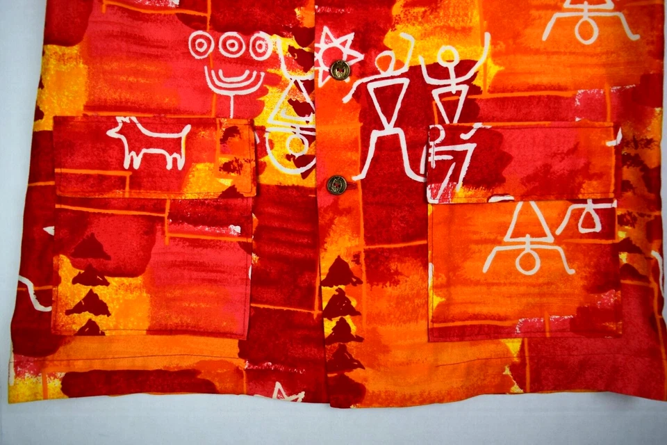 Camisa Hawaiana Vintage Años 50 Petroglifos Talla S/M Horizontal Botón Agujeros Naranja Foto 4 de 4