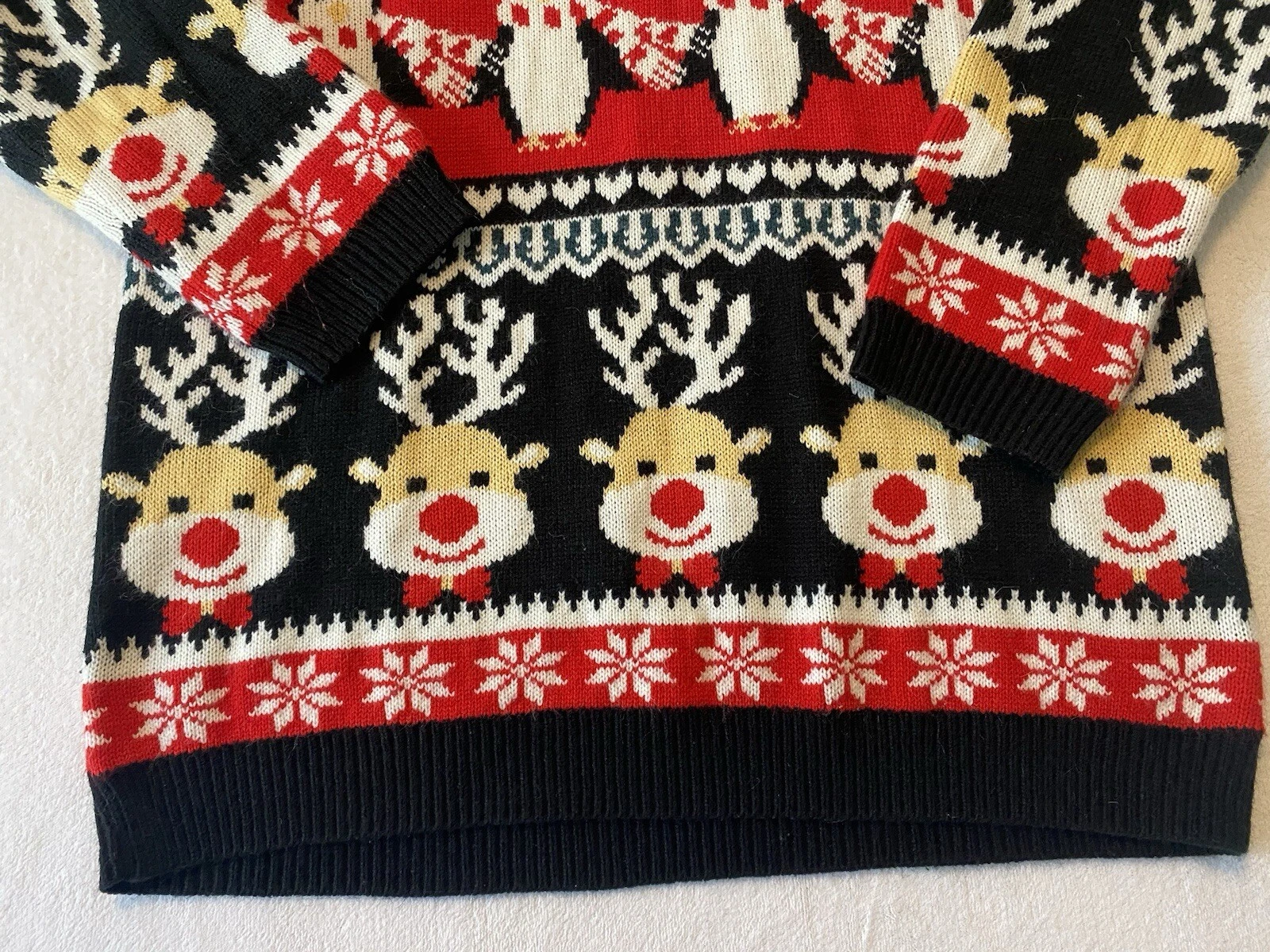 Men’s Ugly Christmas Sweater Reindeers Penguins Red Black White Festive Holiday