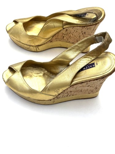 Ralph Lauren Collection, Gold Metallic and Cork Wedge, Slingback Shoes - Picture 5 of 6