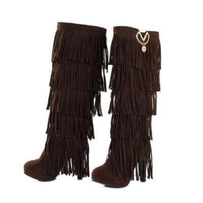 New Women's Suede High Heel Fringe Tassel Western Knee High Boots Bohemia Shoes