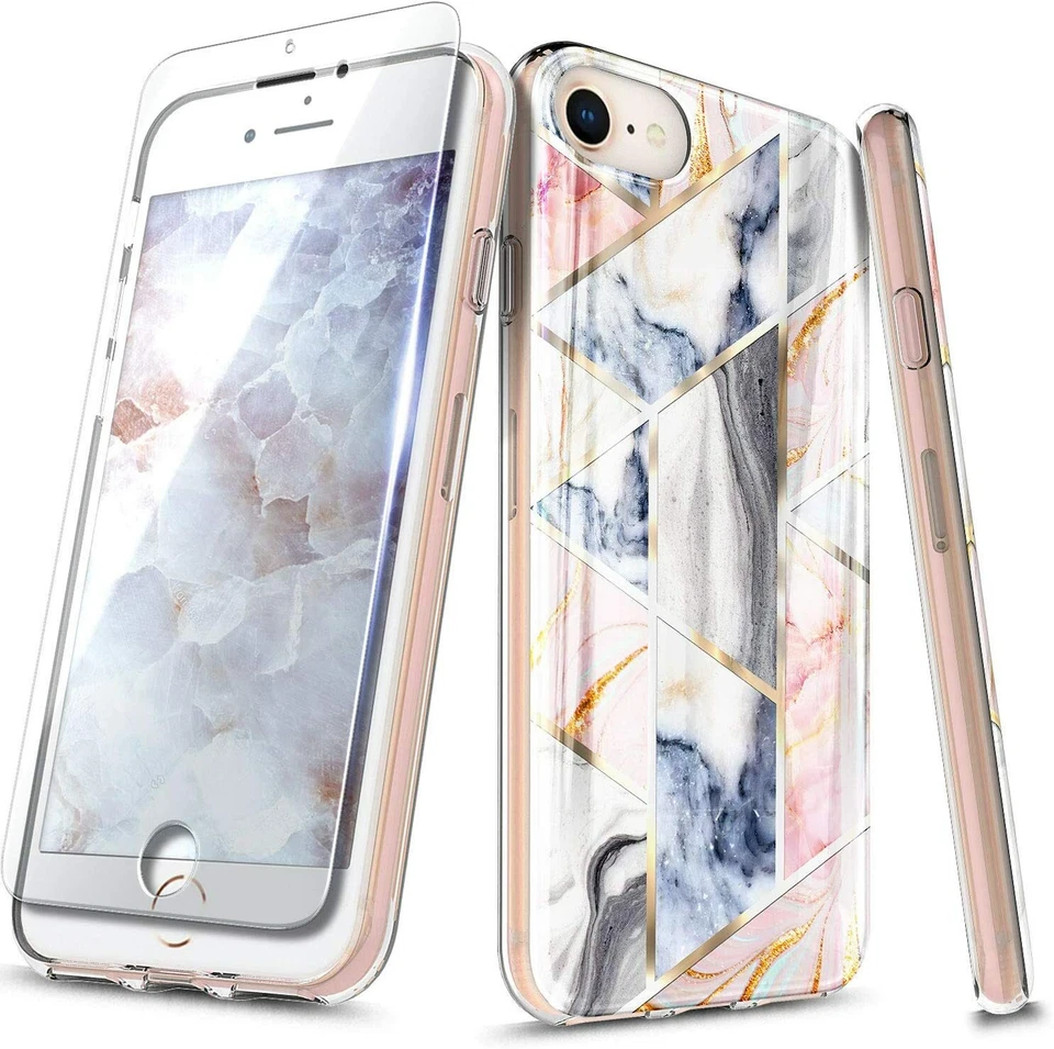 For iPhone 6 6s 7 8 Plus Case Ultra Slim Marble Cover + Tempered Glass Protector - Image 2 of 3