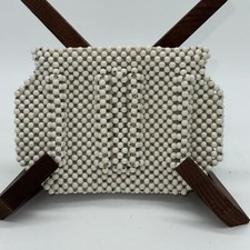 Vintage White Wooden Beaded Purse Clutch Wallet Zippered Made in Czechoslovakia