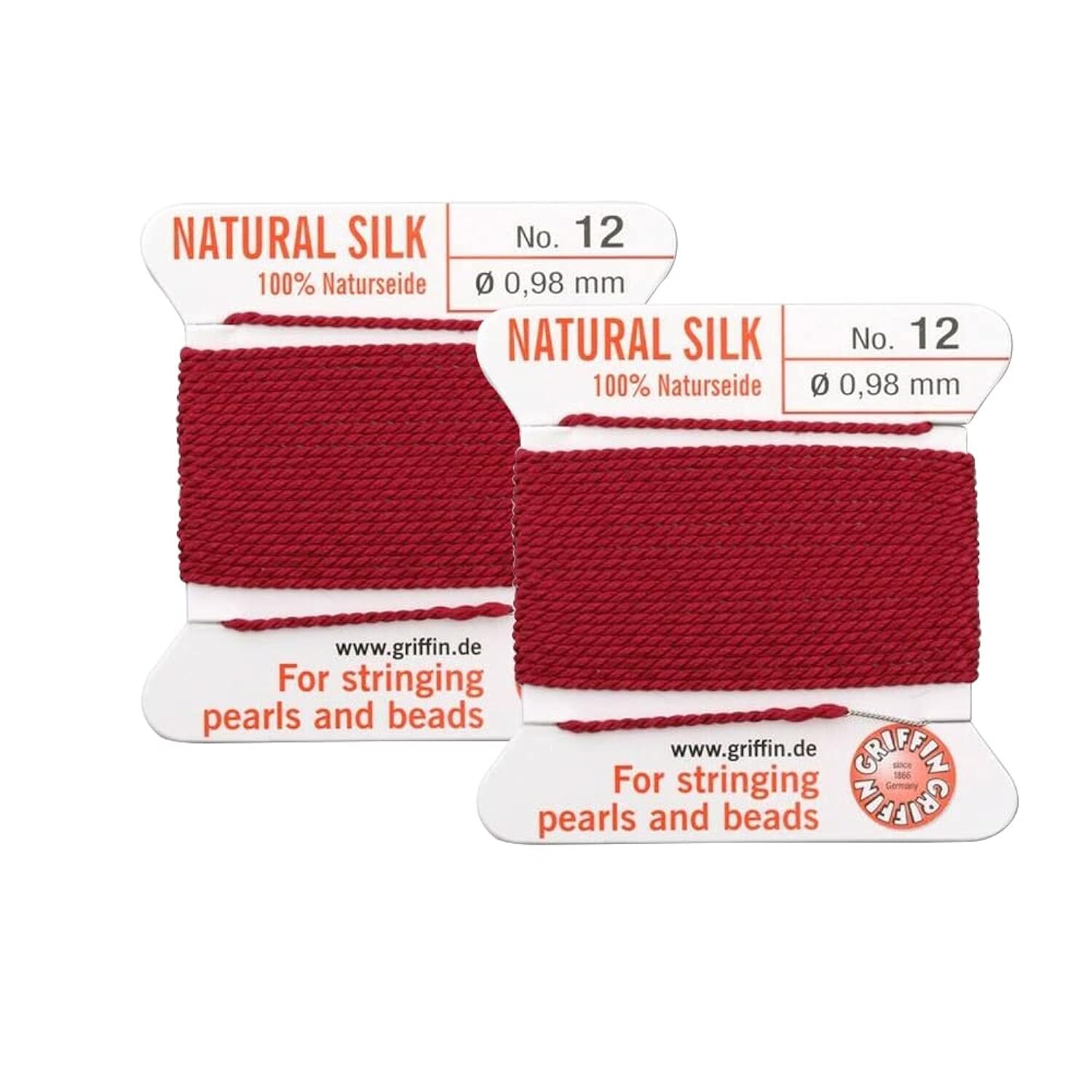 2 Pcs Griffin Natural Silk Beading Cord Thread And Needle Size 12 Red