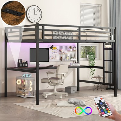 Metal Loft Bed with Power Outlet and LED Lighted Space-Saving Noise Reduced