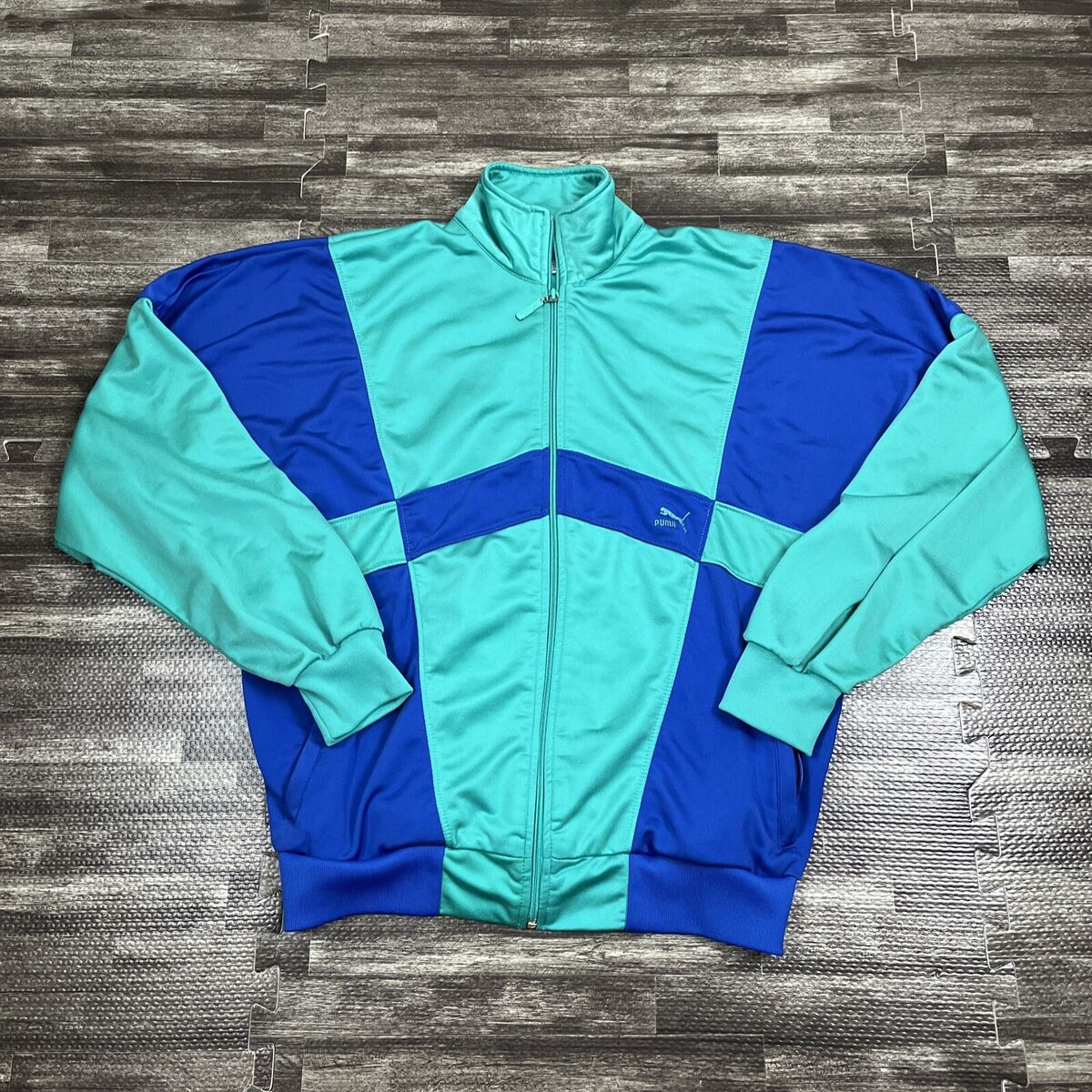 Vintage 1980s PUMA Track Jacket Blue Green Geometric Medium Vintage 1980s PUMA Track Jacket Blue Green Geometric Medium