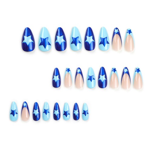 24xFrench False Nail for Women Blue Edge Star Pattern Sweet Cool Artificial Nail - Picture 2 of 8