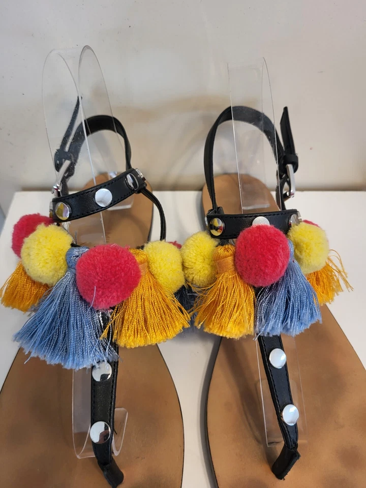 Rebecca Minkoff "Estelle" Black Leather w/PomPom Tassels Thong Sandals Sz 9 $295 - Image 4 of 4