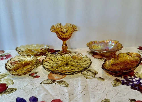Lot Of  6 Vintage Indiana Fenton Amber Glass Candy, Relish, Nut Dishes