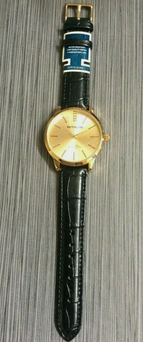 Miykon Men s Watch Round Gold Dial Index Hours on Black Leather Band Waterproof