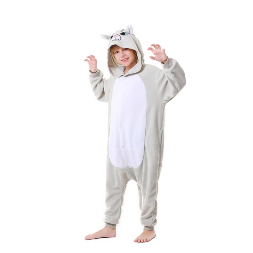Kids Gray Cat Costumes Unisex Soft Hooded One-piece Pajamas Cosplay Homewear - Picture 4 of 55