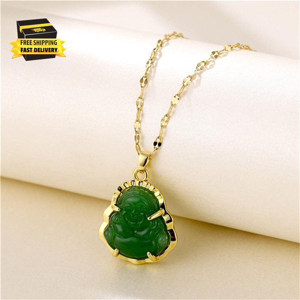 Alternate view of Gold Plated Laughing Buddha Pendant Necklace Green Jade Buddha Necklace Amulet