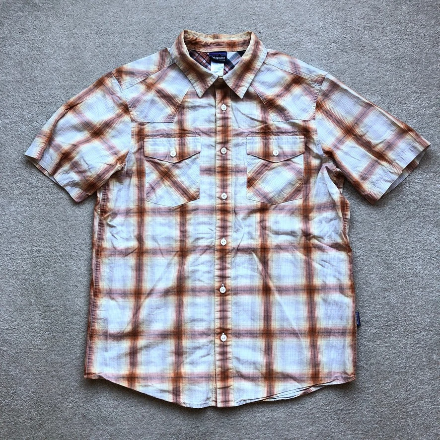Patagonia Men’s Organic Cotton Short Sleeve Check Hiking Shirt Orange Size S