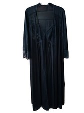 VTG 70s Miss Elaine Sz M Black Lace Peignoir Set Satin Shiny Bell Slv Union USA