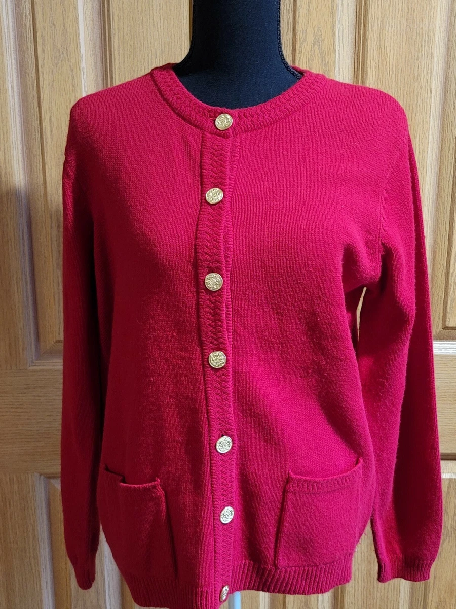 Womens Liz Baker Essentials Red Cardigan With Gold Buttons Size M