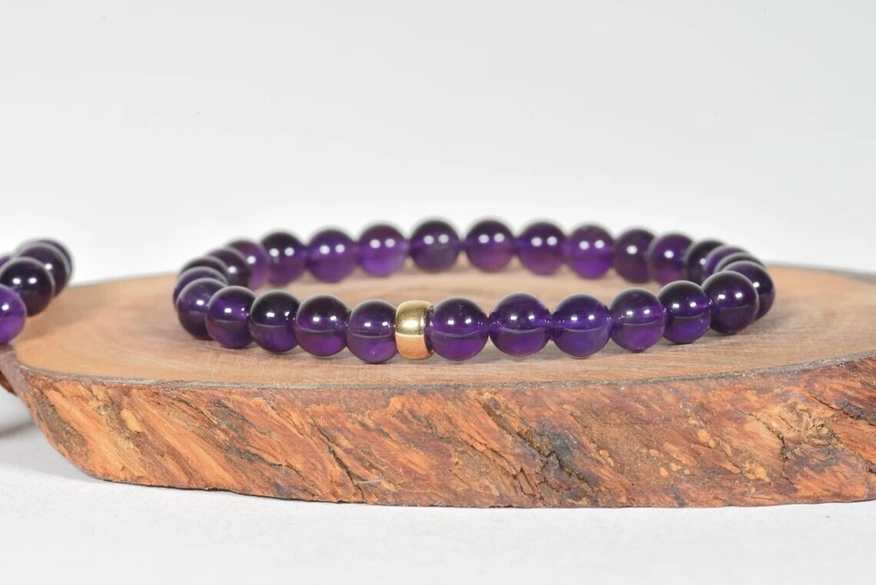 A++++ Pulseras hechas a mano con cuentas de 6-8 mm de piedras preciosas redondas lisas amatista natural de 6-8"" Foto 2 de 4