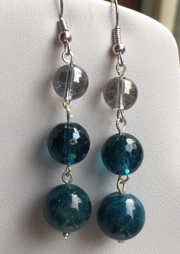 Blue Stone Bead Dangle Earrings on Silver Plated Hooks - Picture 24 of 71