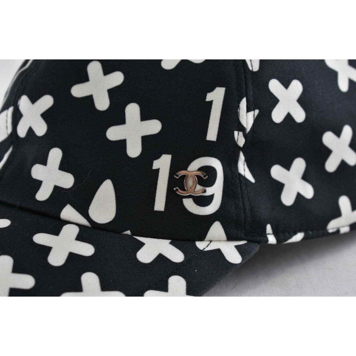 Chanel 22P Black White Graffiti CC Silver Logo Baseball Cap Curved