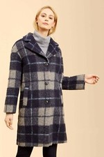 Wool Feel Check Navy Oversized Coat Jacket With Buttons Size Xs