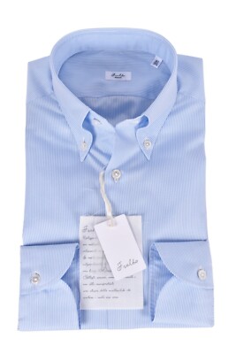 NEW Fralbo Napoli handmade cotton shirt 43 US 17 Modern fit blue striped