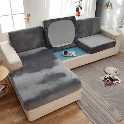 Velvet Sofa Seat Cushion Cover Thick Solid Soft Stretch Sofa Plush Slipcovers - Picture 8 of 15