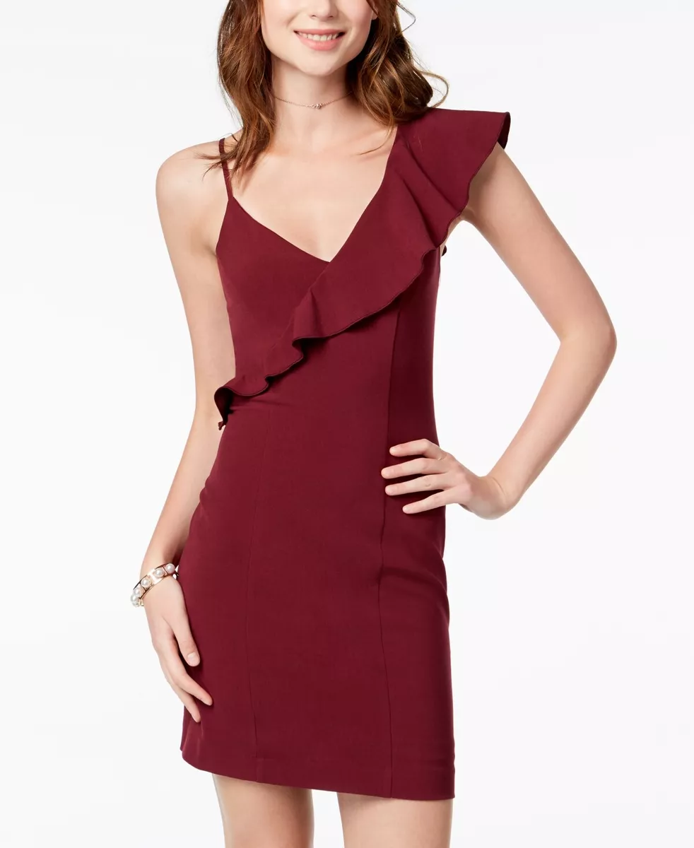 New 150 Xoxo Juniors Red Ruffled One Shoulder V Neck Bodycon Party Dress Size L