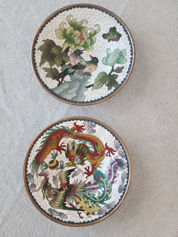2 Chinese Cloisonné Enamel Plates 6in Diameter. Stamped detail maker or studio.