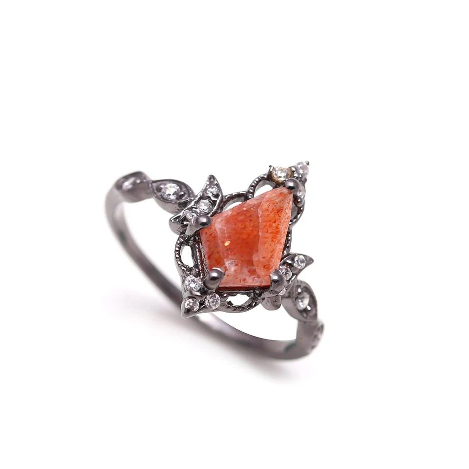 Anillo Cometa Piedra Solar Natural Plata 925 Negro Oxidado Delicado Joyería Foto 4 de 4