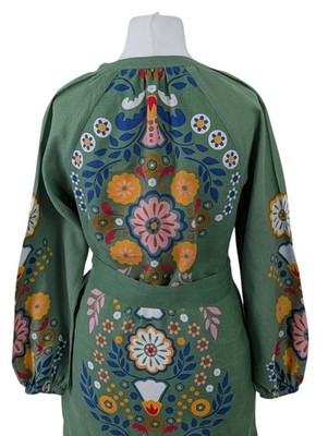Boden Leinen Blumen Kleid Gr. 10 R grün Bindeband Taille Kerbe Boho Folk Sommer