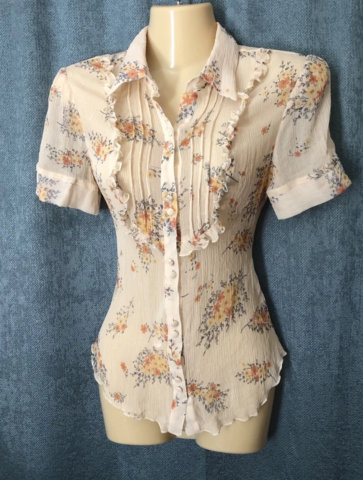 Blusa de seda chiffon vintage tamanho pequeno Ditsy floral marfim babado rosa dobras pregas - Imagem 2 de 4