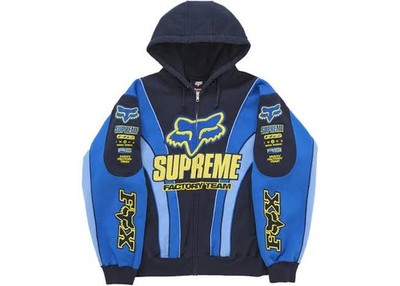Supreme Fox Racing Zip Up Hooded Sweatshirt Blue Size Large.