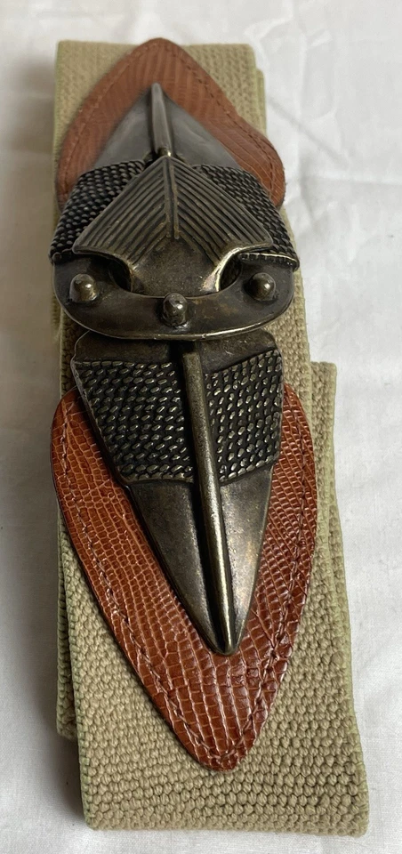 Vtg Omega Arrowhead Stretch Belt Womens Sz L Textured Brass Beige Textile - Image 2 of 4