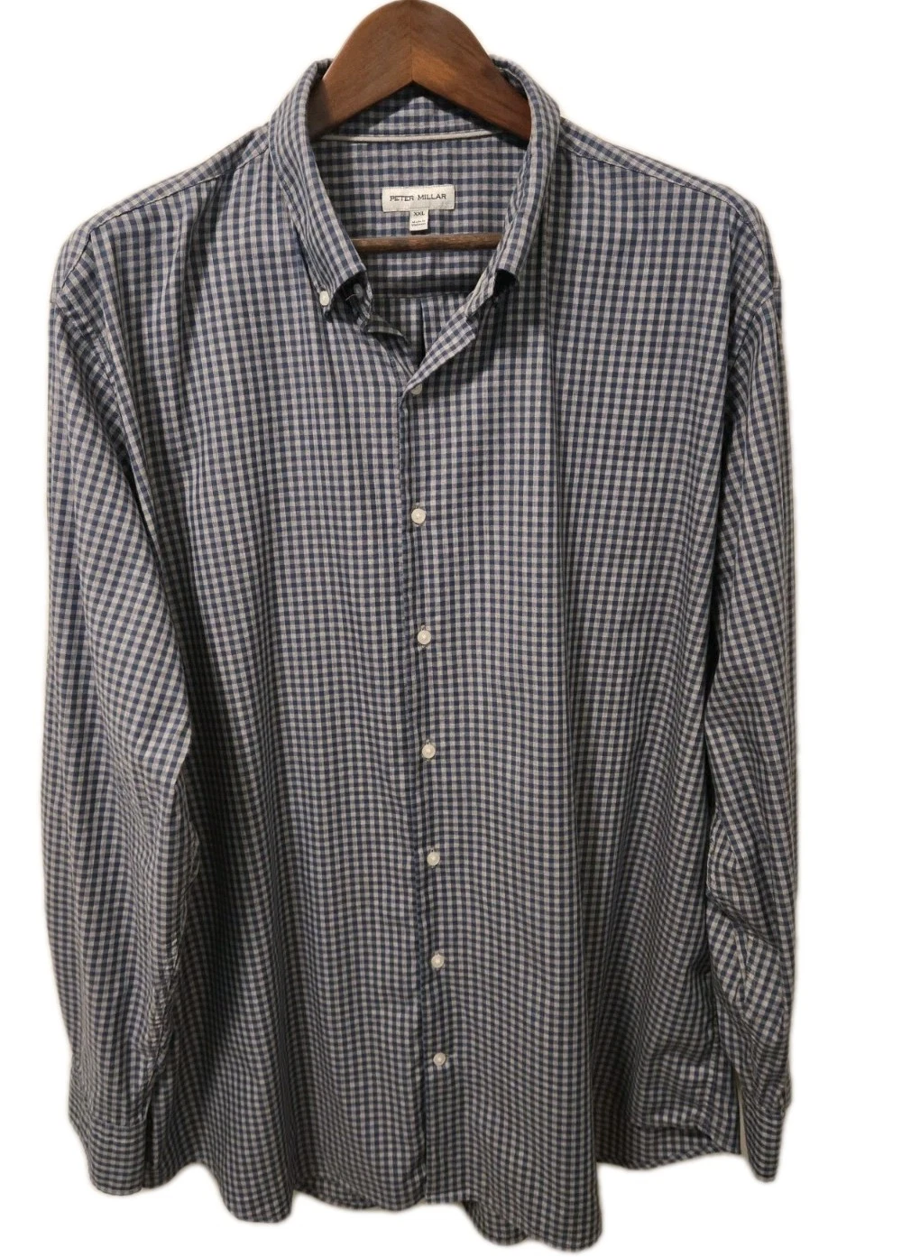 Peter Millar XXL Blue Grey Gingham Check Stretch Button Down Shirt Mens 27x30