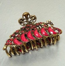 Vintage-Style Brass Tone Hair Claw Clip Shaped Peacock Featuring Red Rhinestone
