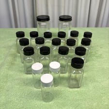 large lot of 21 Clear Glass Vials with Lids Screw Caps Liquid Bottles