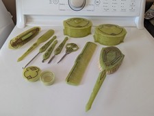 Vtg Art Deco Green Celluloid Multi Piece Dresser Vanity Set - Schmidt Scissors