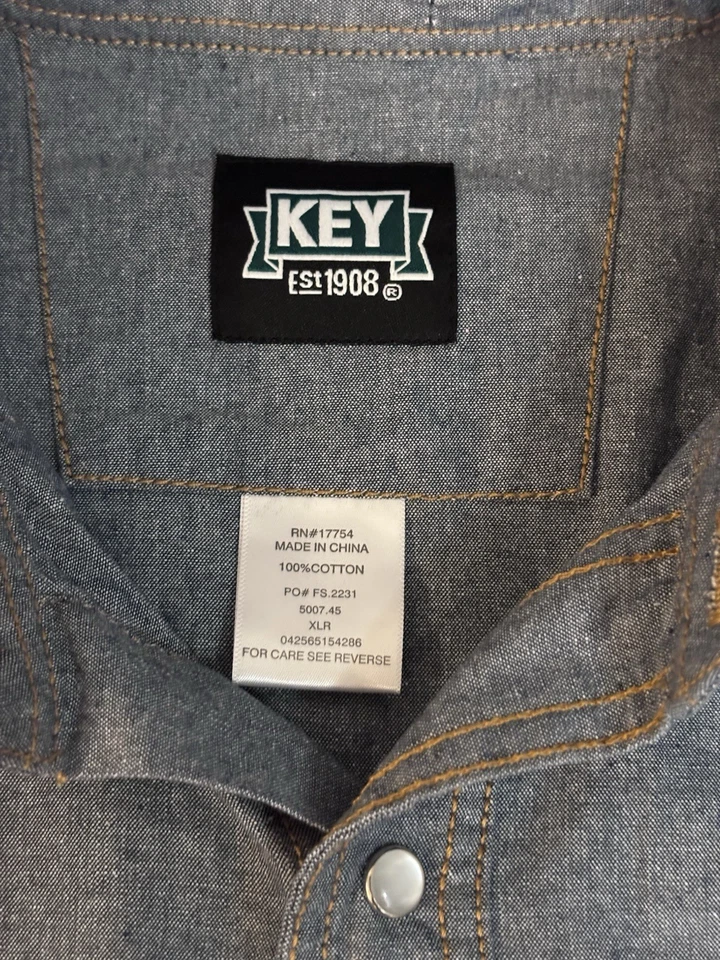 Key Pearl Snap Shirt Mens XL Blue Denim Western Workwear Cowboy Short Sleeve - Image 3 of 4