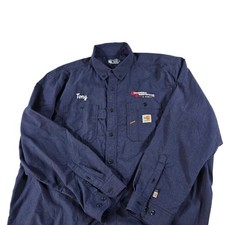 Carhartt FR Mens 2XL Loose Fit Navy Blue Work Shirt TW4138-FRM CAT 2 Tony Logo