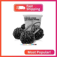 Shower Puff 4 Pack Black Bath Sponge Shower Loofahs Pouf Ball Nature Bamboo Char