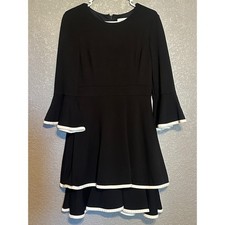 Eliza J Black Bell Sleeve Tiered Fit & Flare Dress White Trim Sz 8 quiet luxury