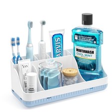Bathroom Counter Organizer and Storage, 7 Slots Detachable White Blue