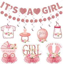 9PCS Pink Rose Gold Baby Shower Decorations Kit for Girl, Floral It'S a Girl Gen